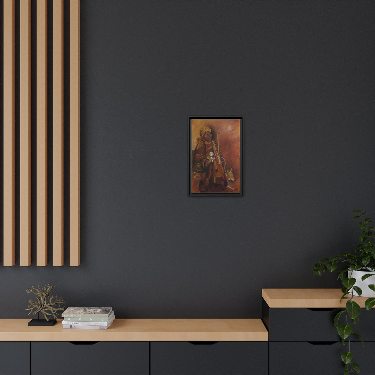 Monk & Dog & Dove Matte Canvas Framed | Earth Tone Wall Art