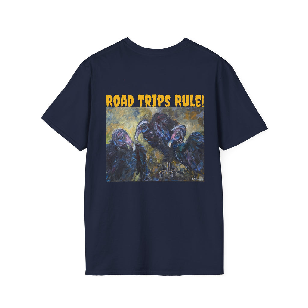 Trio of Vultures unisex T-shirt Back Design, Frt. Logo