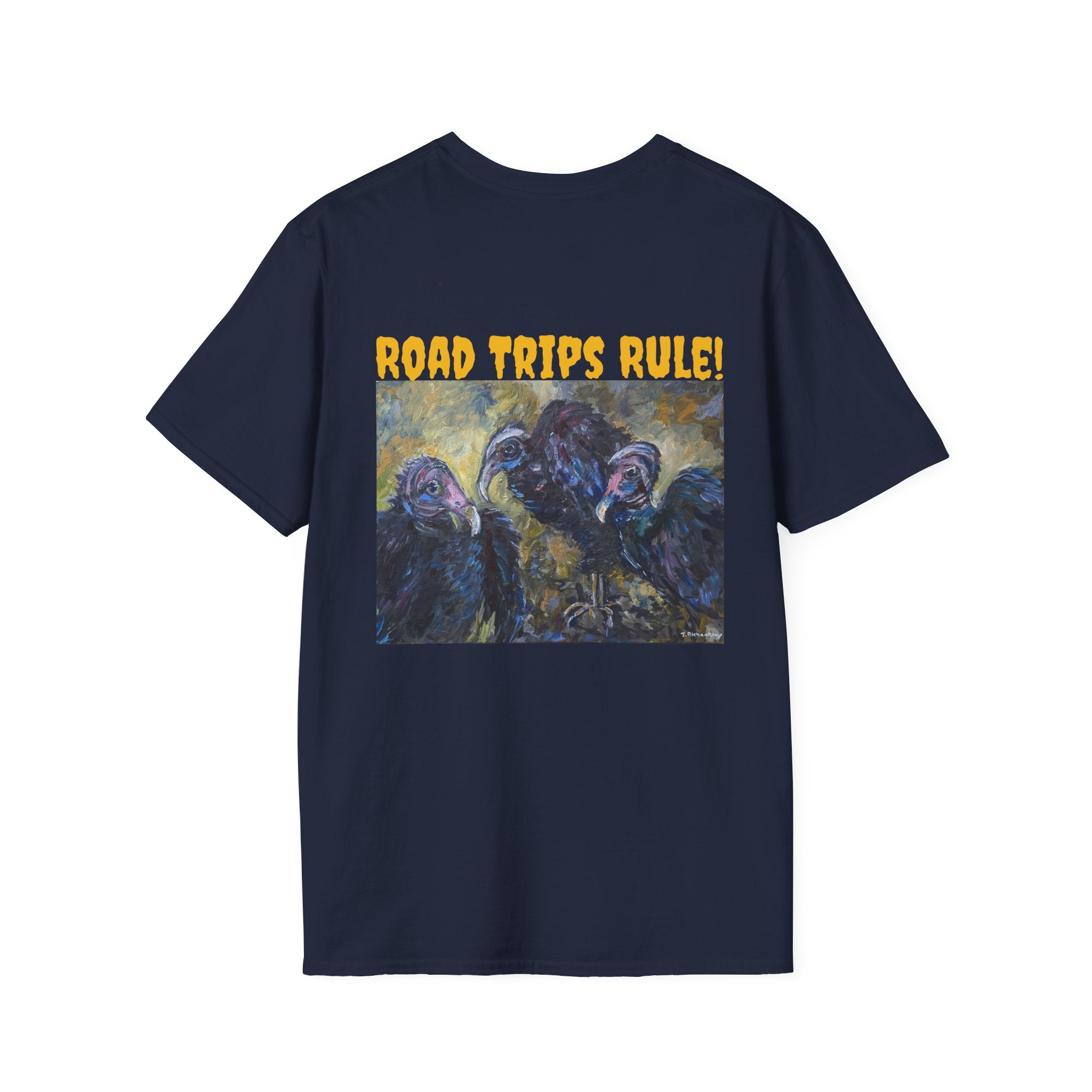 Trio of Vultures unisex T-shirt Back Design, Frt. Logo