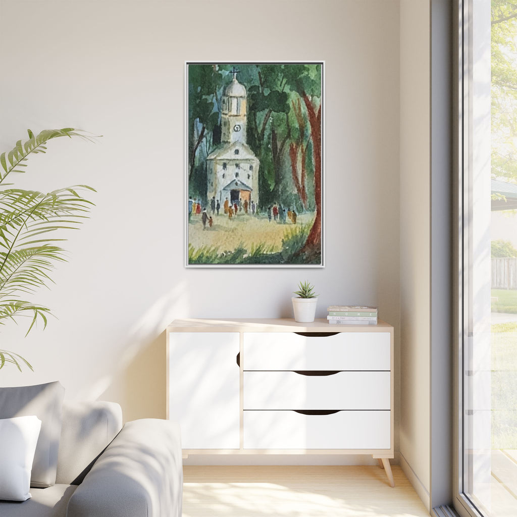 Framed Matte Canvas Print — Watercolor Church in Woodland Scene