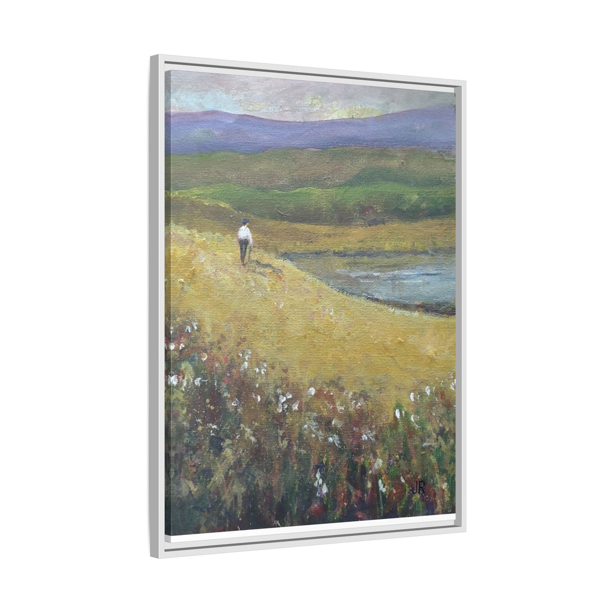 Solitary Walker Landscape Matte Canvas Framed | Pastel Field Wall Art
