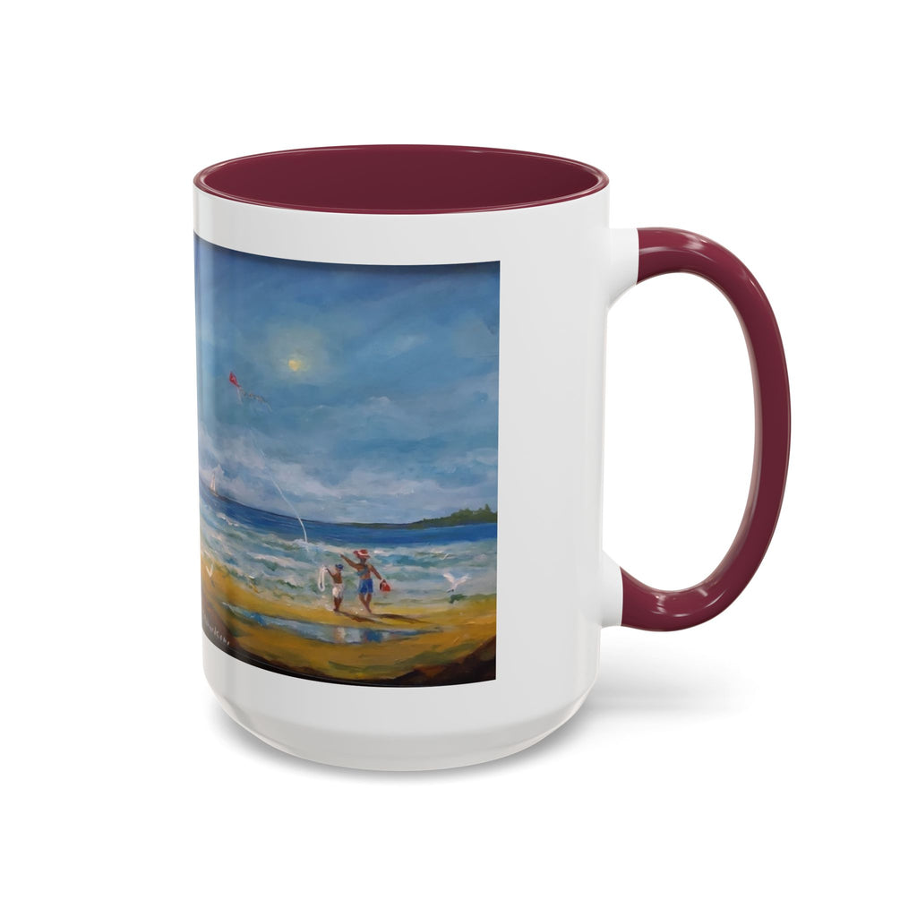 Beach & kite scene, Coffee Accent Mug - Personalize it! Colorful Ceramic Mug (11oz, 15oz)