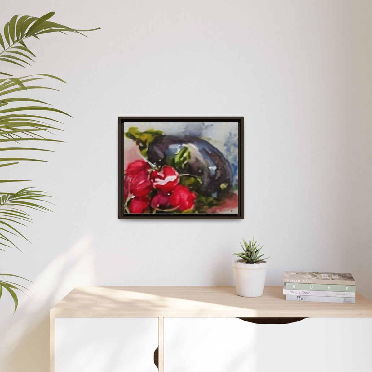 Ripe Eggplant and Red Radishes Canvas Framed Matte Canvas | Still Life Kitchen Wall Art