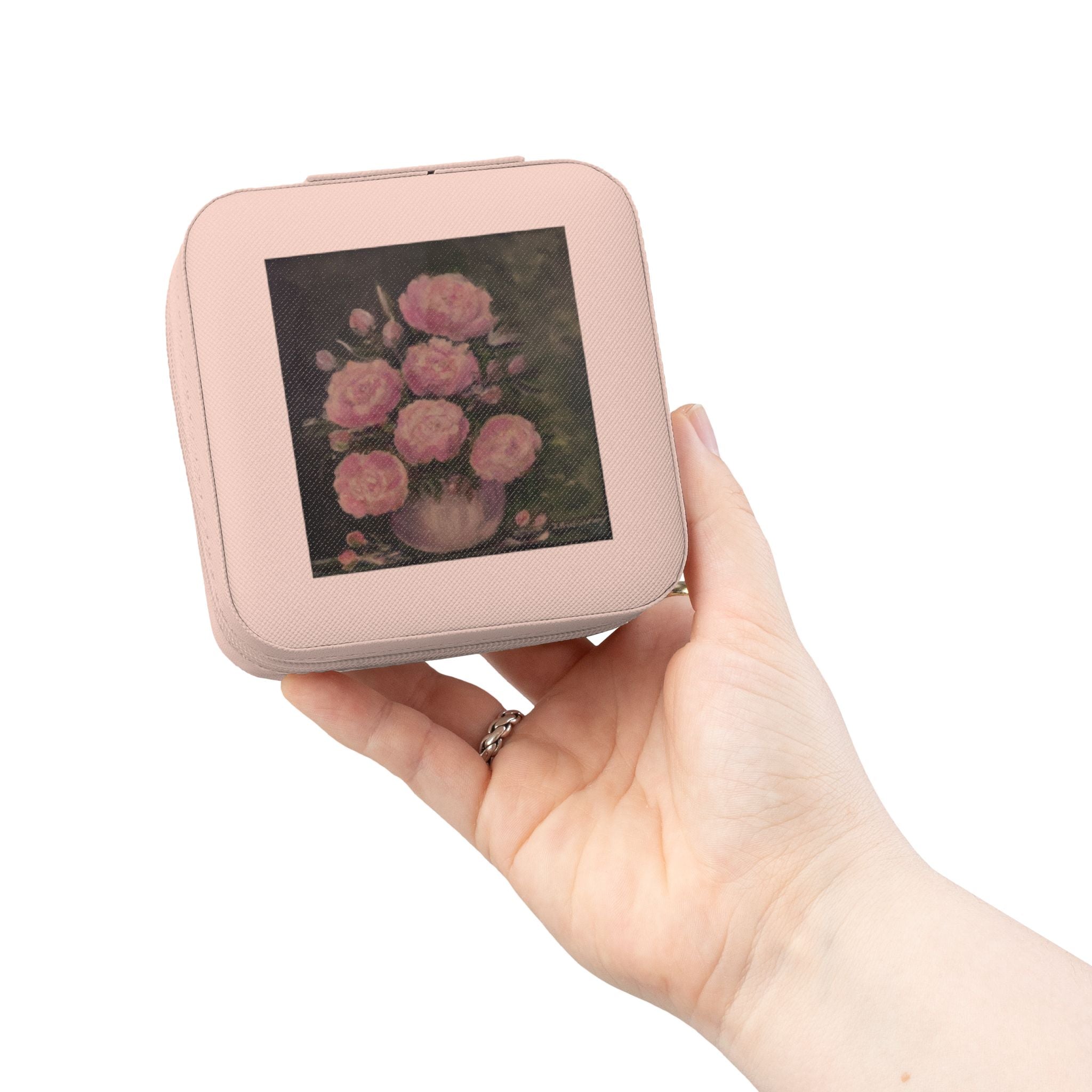 Pink Peonies Compact Jewelry Travel Case  Portable Ring & Earring Organizer