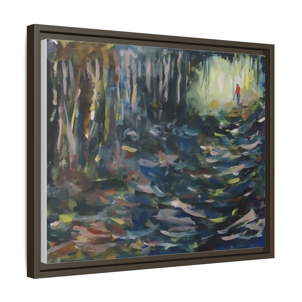 Forest Path Abstract Matte Canvas Framed | Red-Coated Figure, Blue-Green Impressionist Wall Art