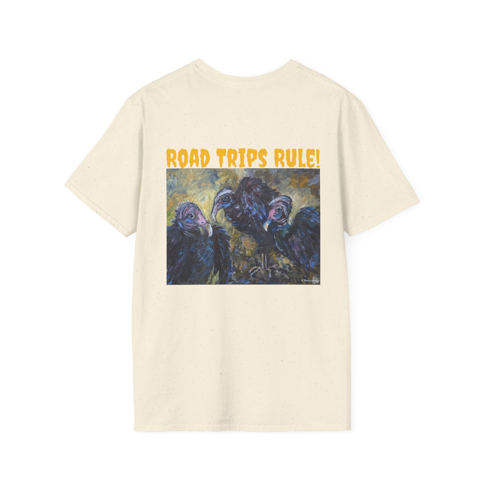 Trio of Vultures unisex T-shirt Back Design, Frt. Logo