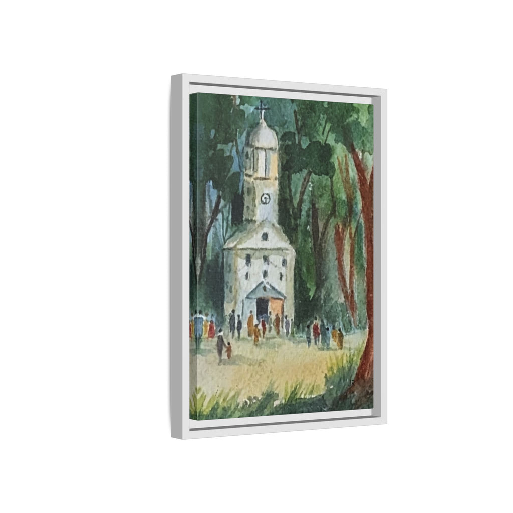 Framed Matte Canvas Print — Watercolor Church in Woodland Scene