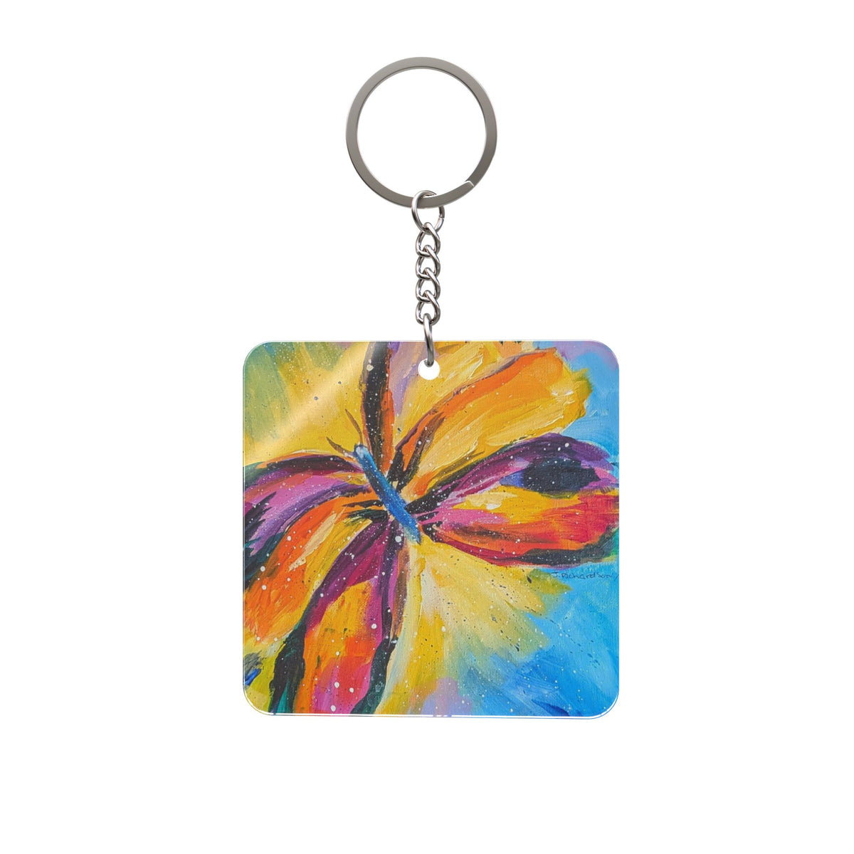 Colorful Butterfly Square Keychain   Hand-Painted Floral Keyring