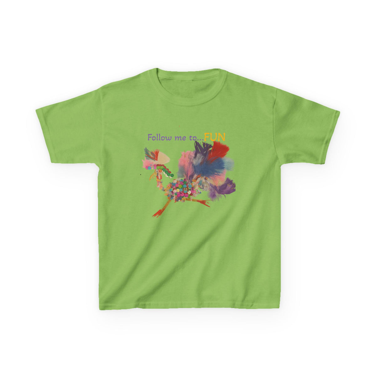 Follow Me to Fun l feathery bird l Kids Tee | colorful whimsical bird design