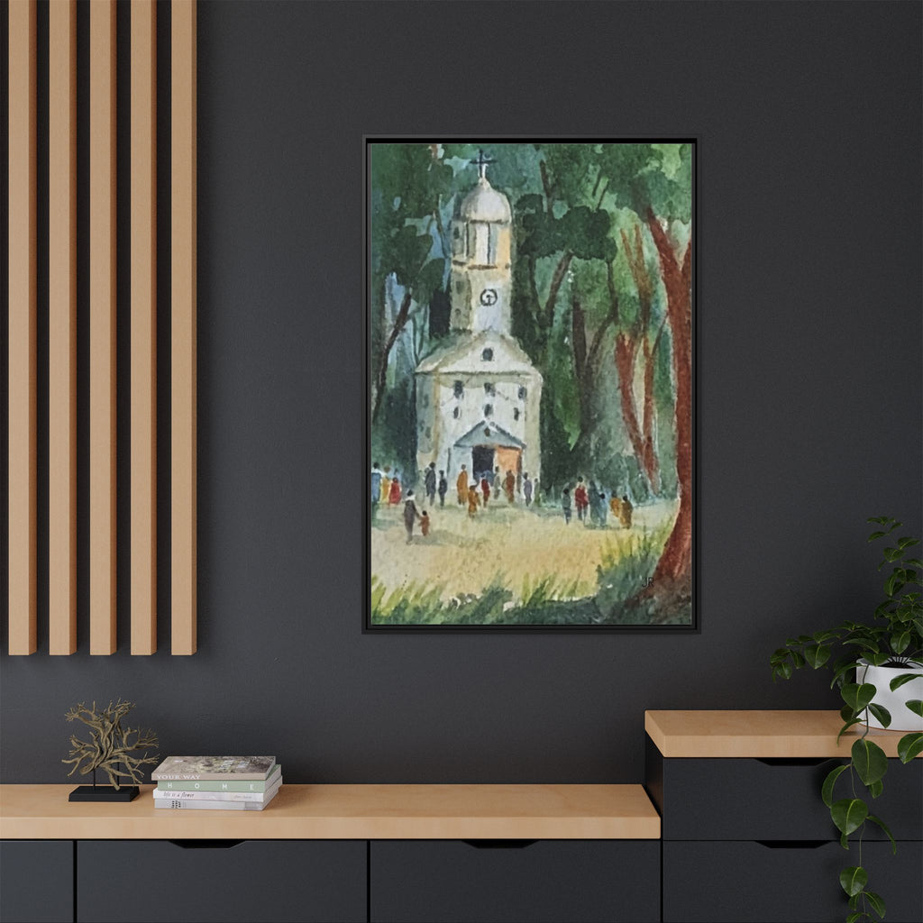 Framed Matte Canvas Print — Watercolor Church in Woodland Scene