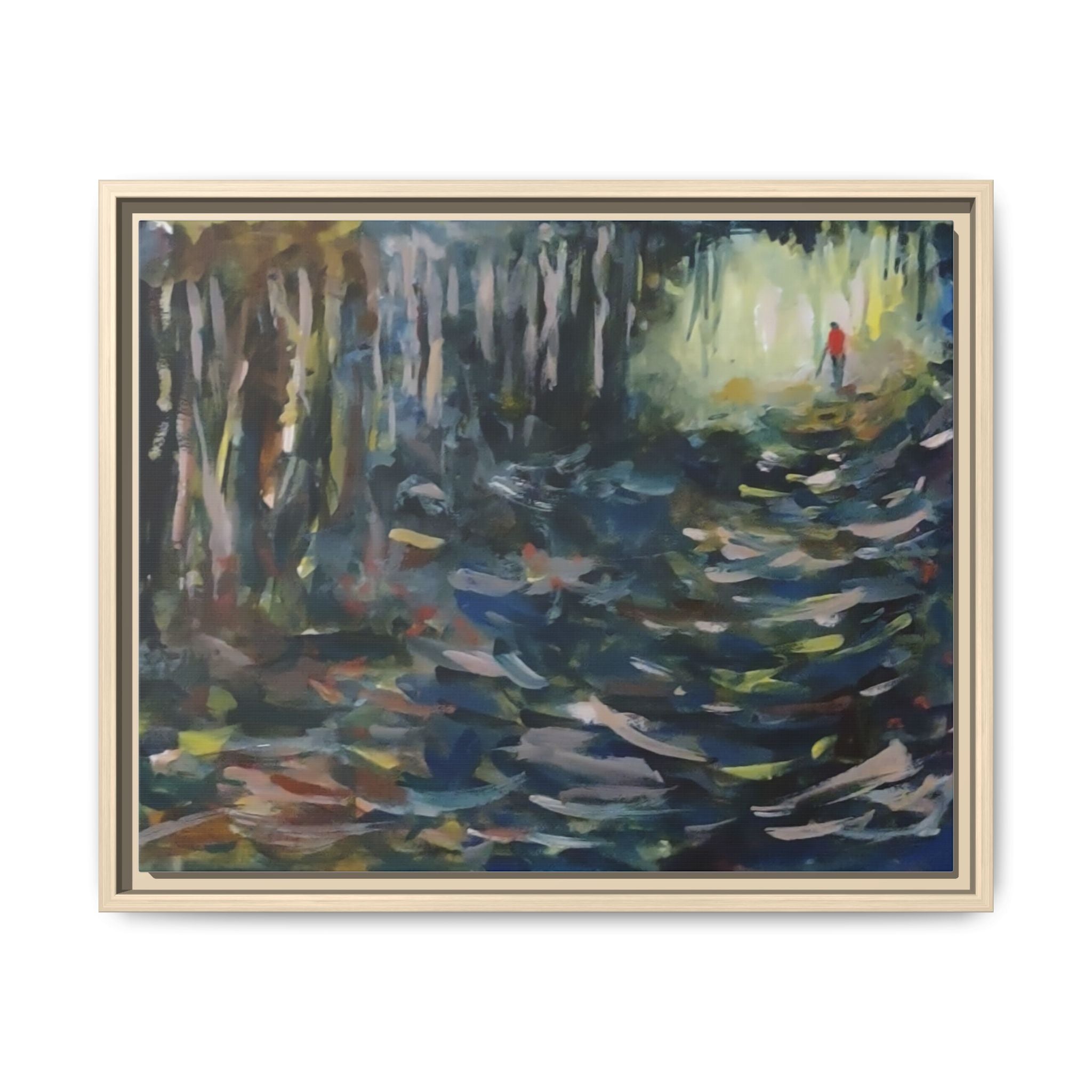 Forest Path Abstract Matte Canvas Framed | Red-Coated Figure, Blue-Green Impressionist Wall Art