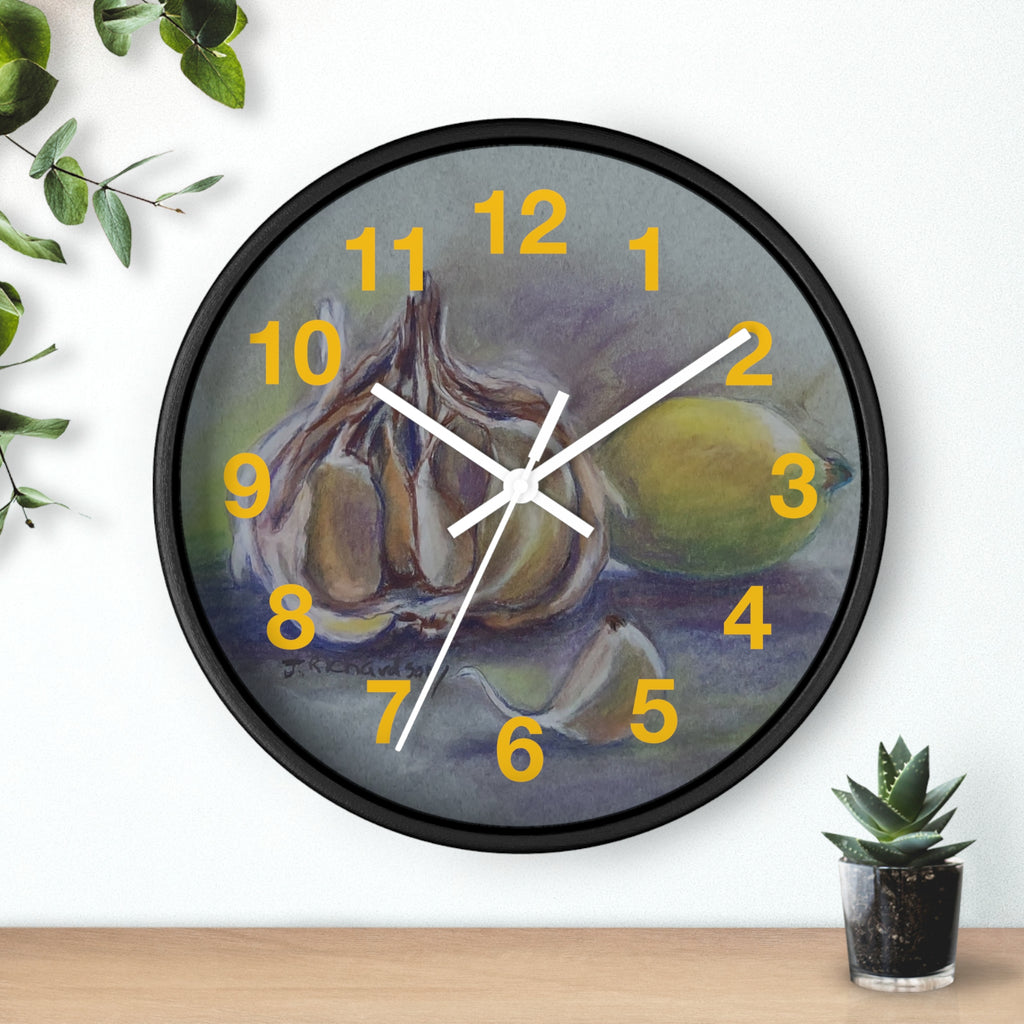 Garlic & Lemon Kitchen Wall Clock — Still Life Food Art Home Decor
