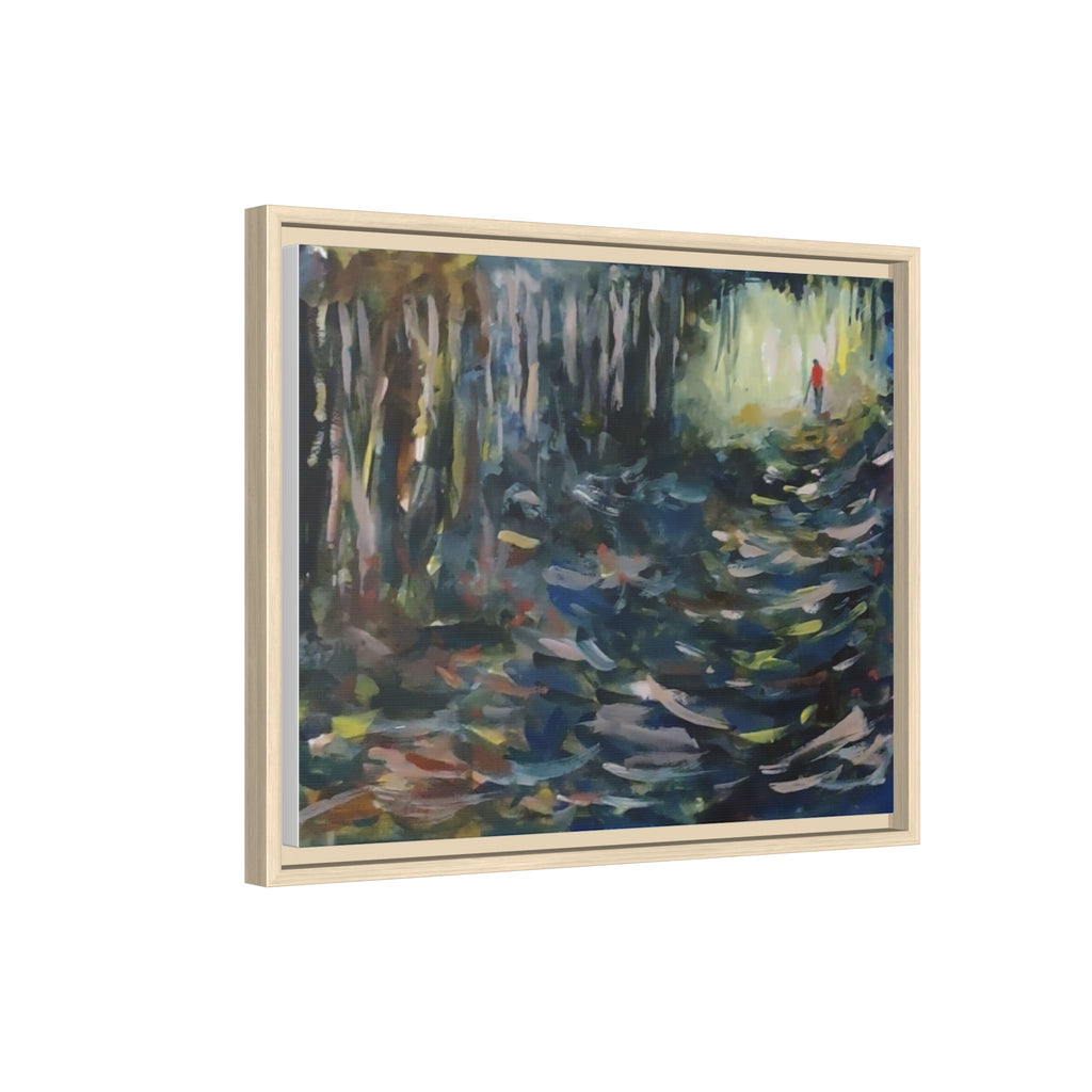 Forest Path Abstract Matte Canvas Framed | Red-Coated Figure, Blue-Green Impressionist Wall Art