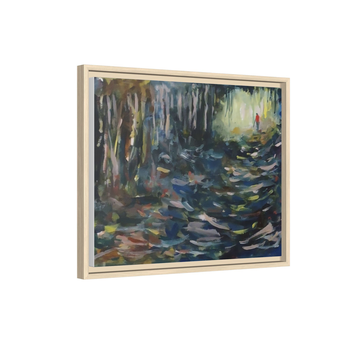 Forest Path Abstract Matte Canvas Framed | Red-Coated Figure, Blue-Green Impressionist Wall Art