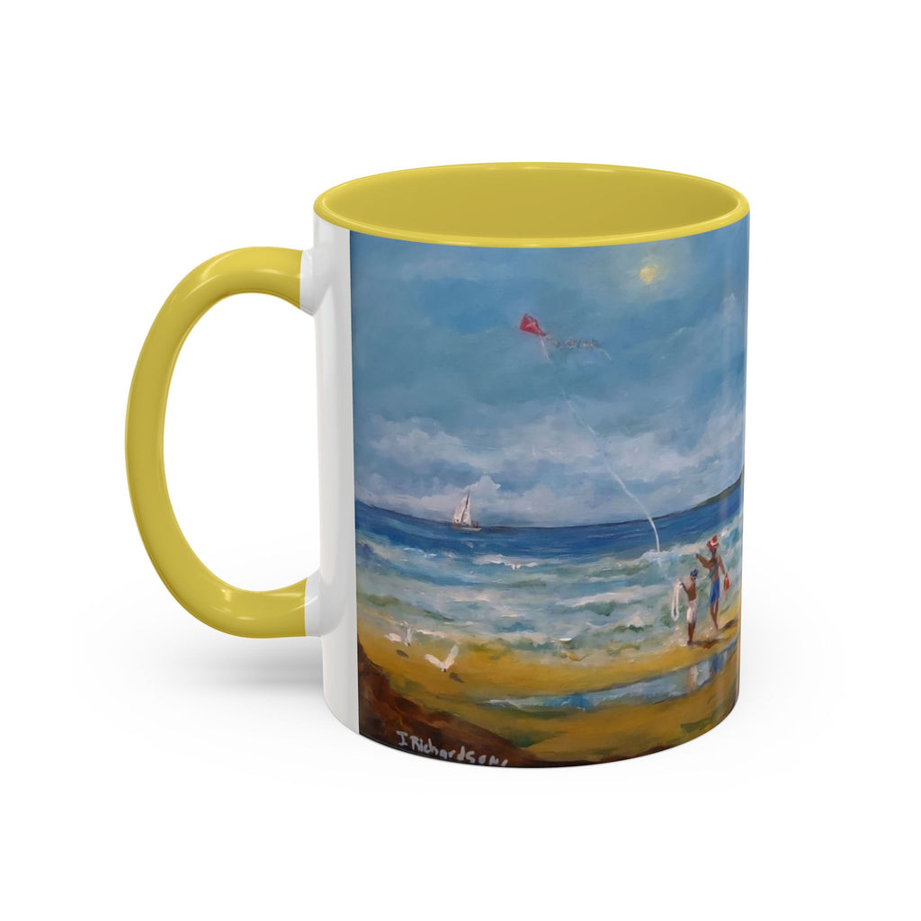 Beach & kite scene, Coffee Accent Mug - Personalize it! Colorful Ceramic Mug (11oz, 15oz)