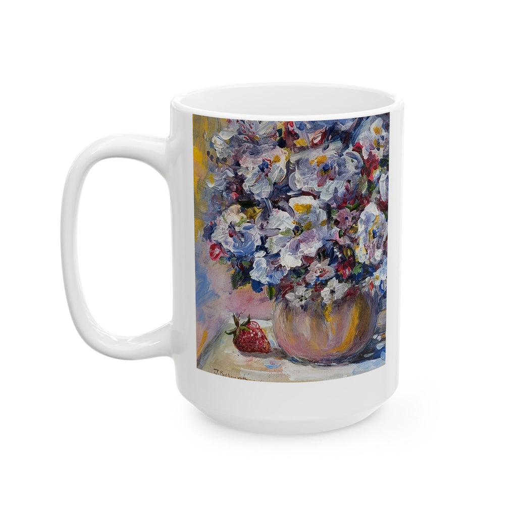 Floral + Strawberry Still Life Ceramic Mug – Impressionist Bouquet Coffee Cup (11oz & 15oz)