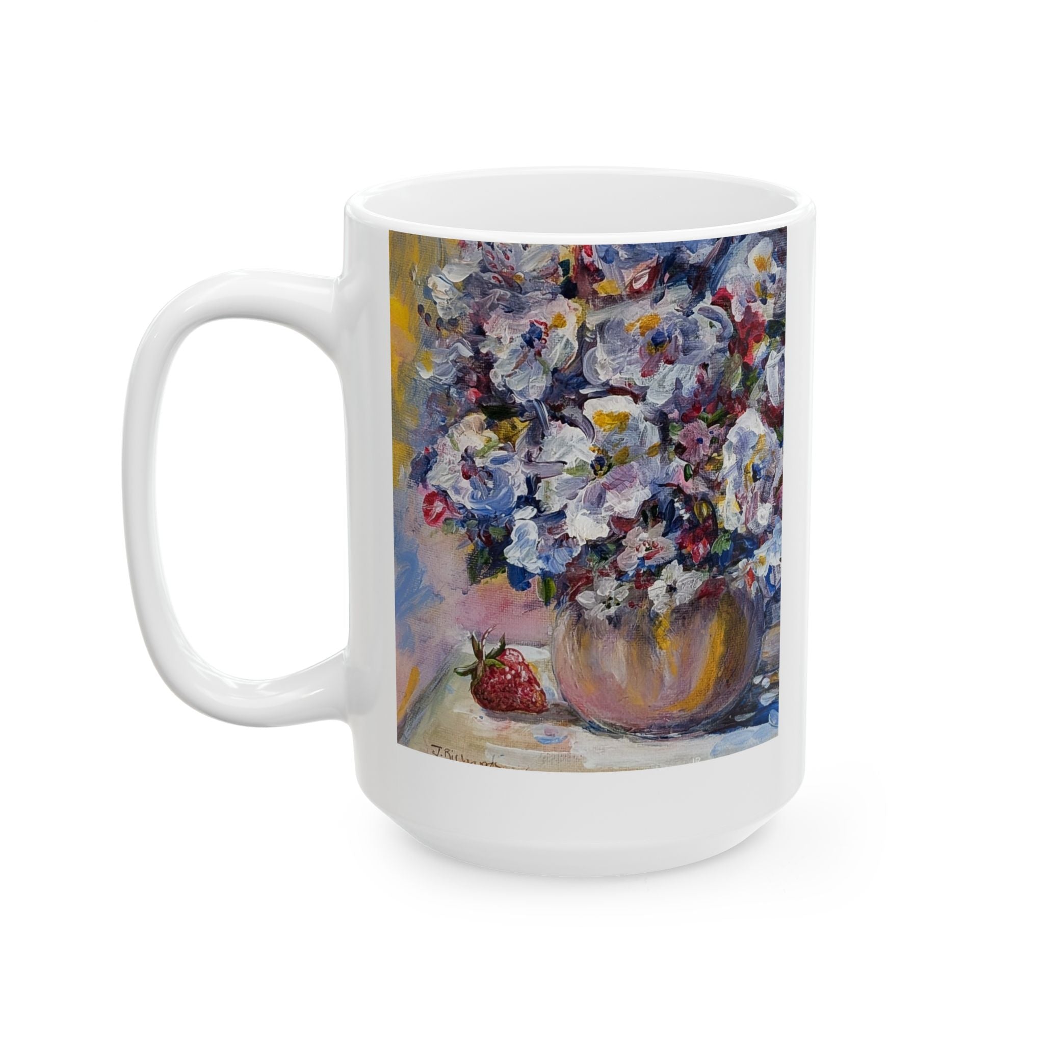 Floral + Strawberry Still Life Ceramic Mug – Impressionist Bouquet Coffee Cup (11oz & 15oz)