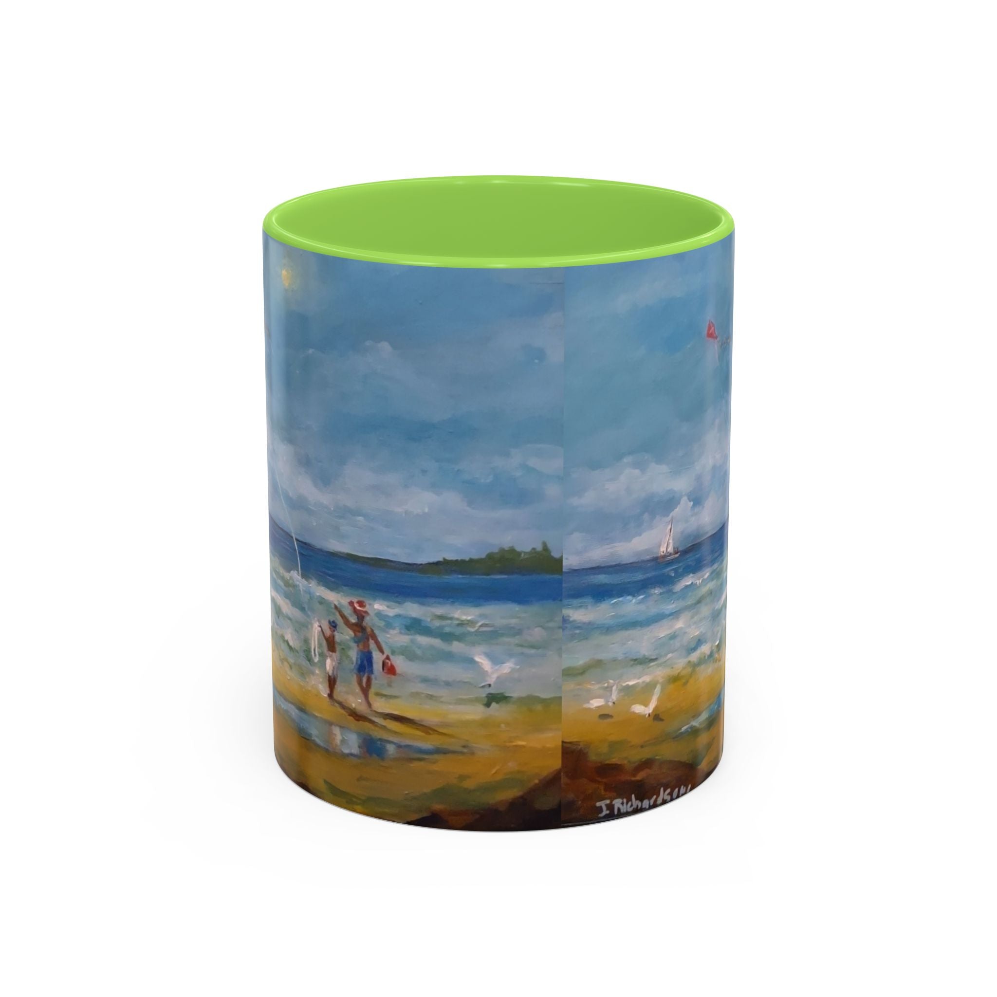 Beach & kite scene, Coffee Accent Mug - Personalize it! Colorful Ceramic Mug (11oz, 15oz)