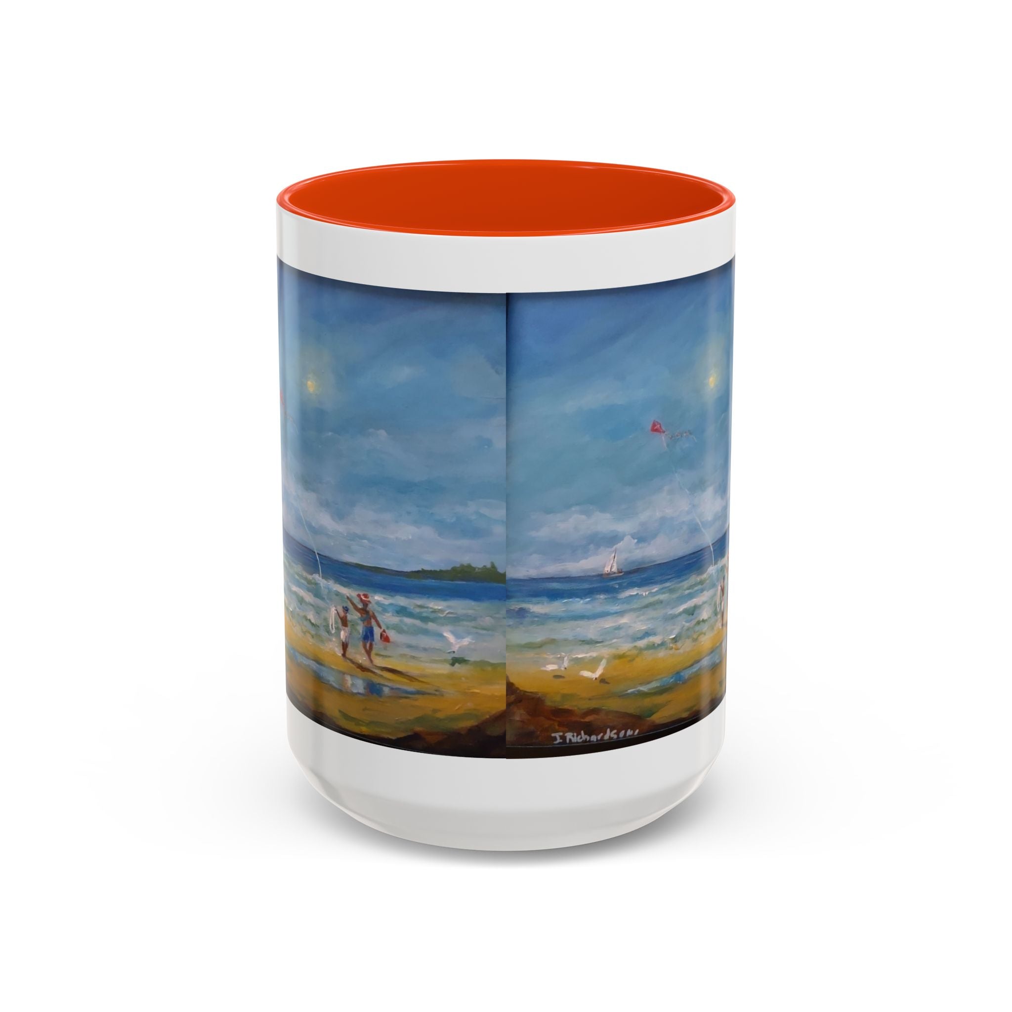 Beach & kite scene, Coffee Accent Mug - Personalize it! Colorful Ceramic Mug (11oz, 15oz)