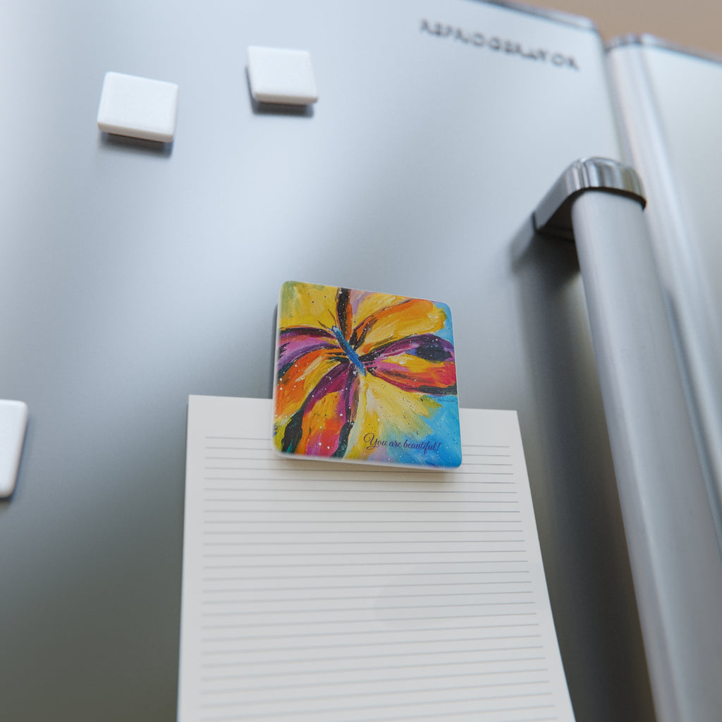 Butterfly Porcelain Kitchen Magnet — "You Are Beautiful" Inspirational Square Magnet