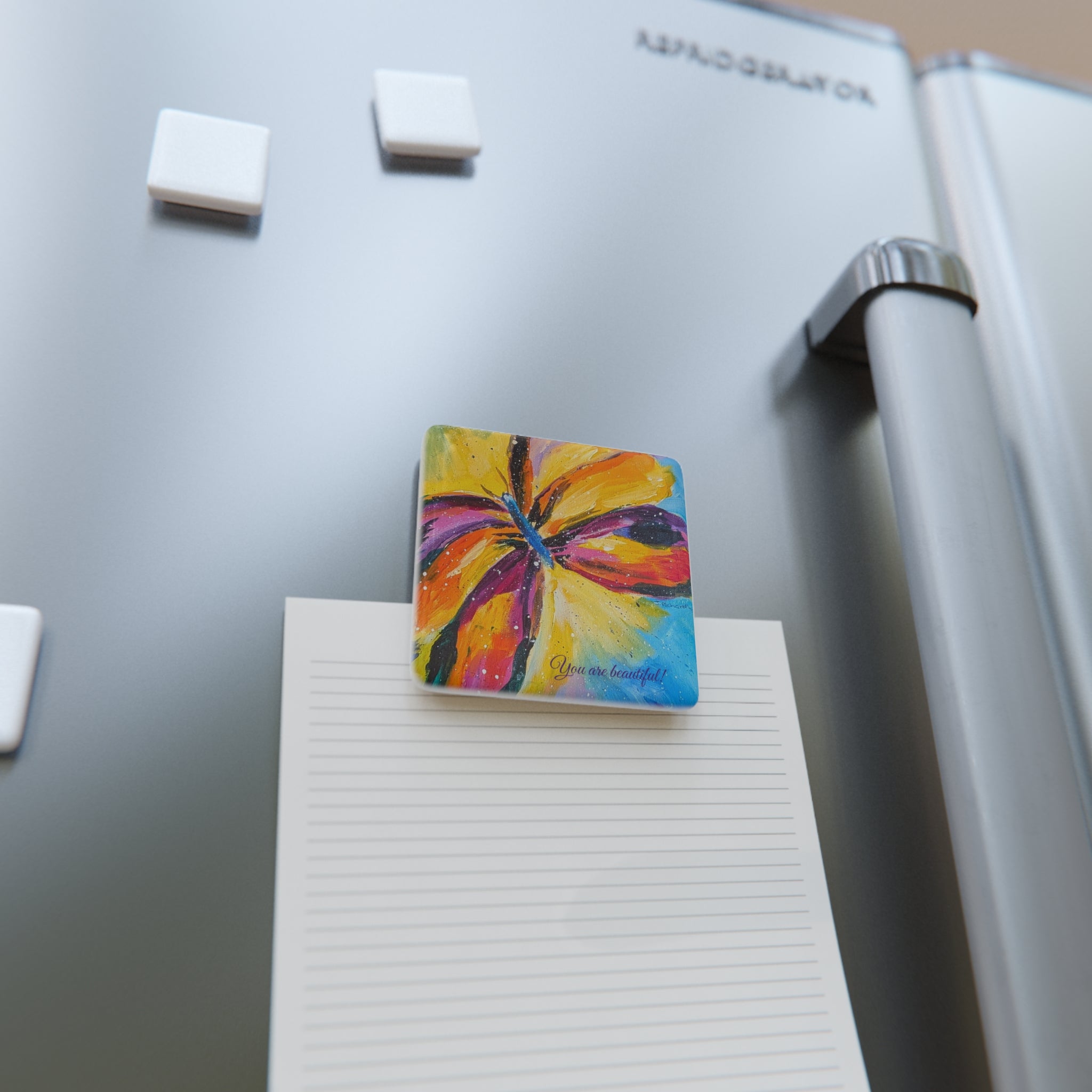 Butterfly Porcelain Kitchen Magnet — "You Are Beautiful" Inspirational Square Magnet