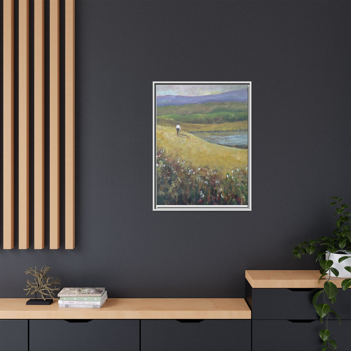 Solitary Walker Landscape Matte Canvas Framed | Pastel Field Wall Art