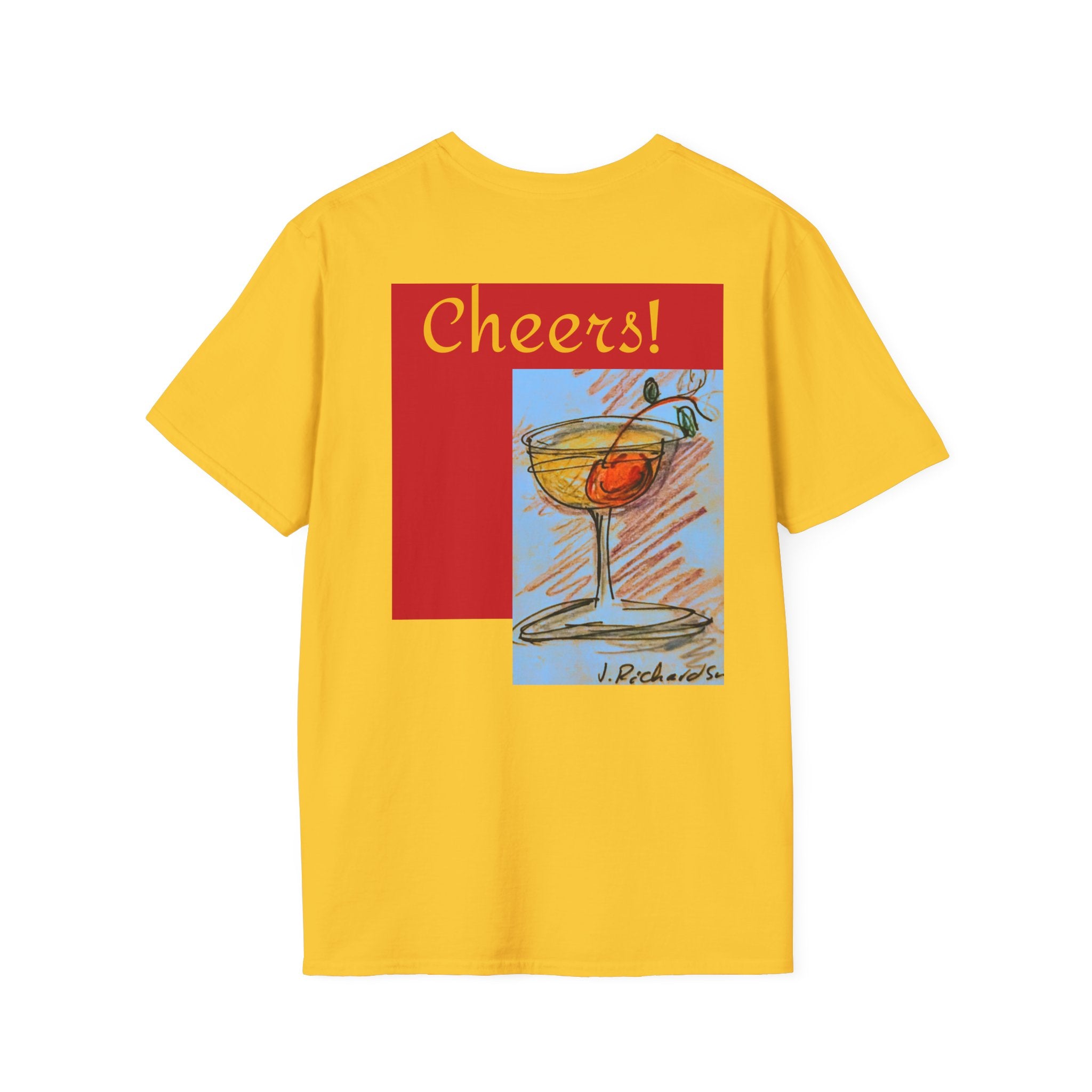 Cheers cocktail Unisex T Shirt, back design, "Cheers' script front