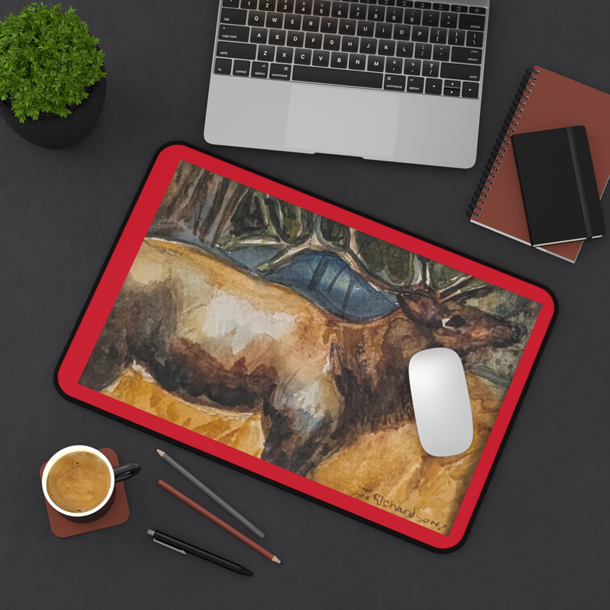 Elk Watercolor Desk Mat | Wildlife Painting Mouse Pad