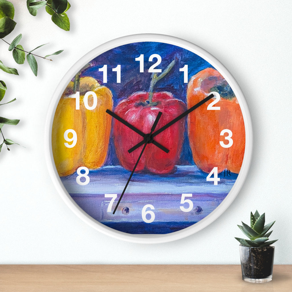 Three Peppers Still Life Wall Clock — Colorful Kitchen Art Clock
