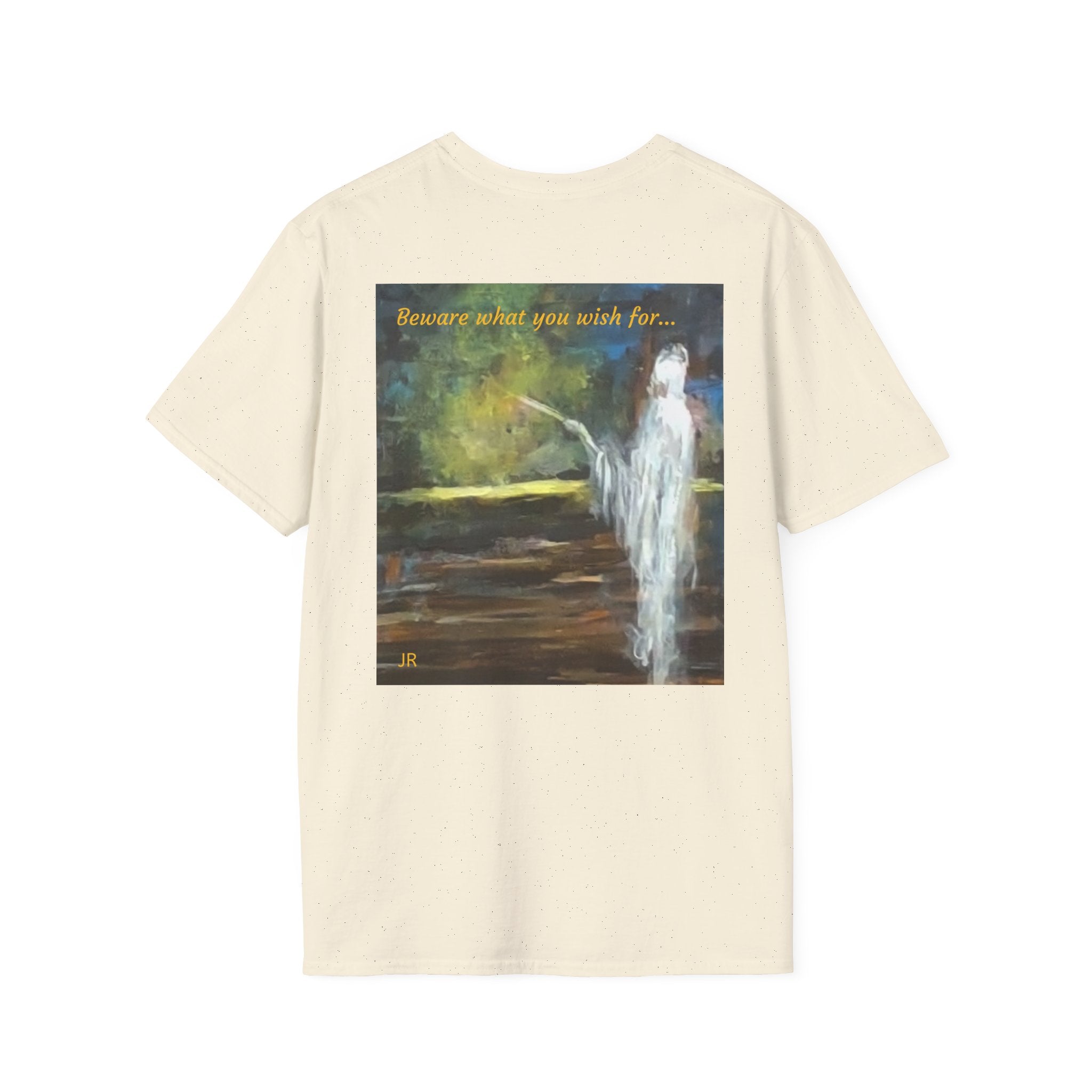 Ghostly Figure Makes Wishes Back Print T-Shirt | Minimal Script Logo