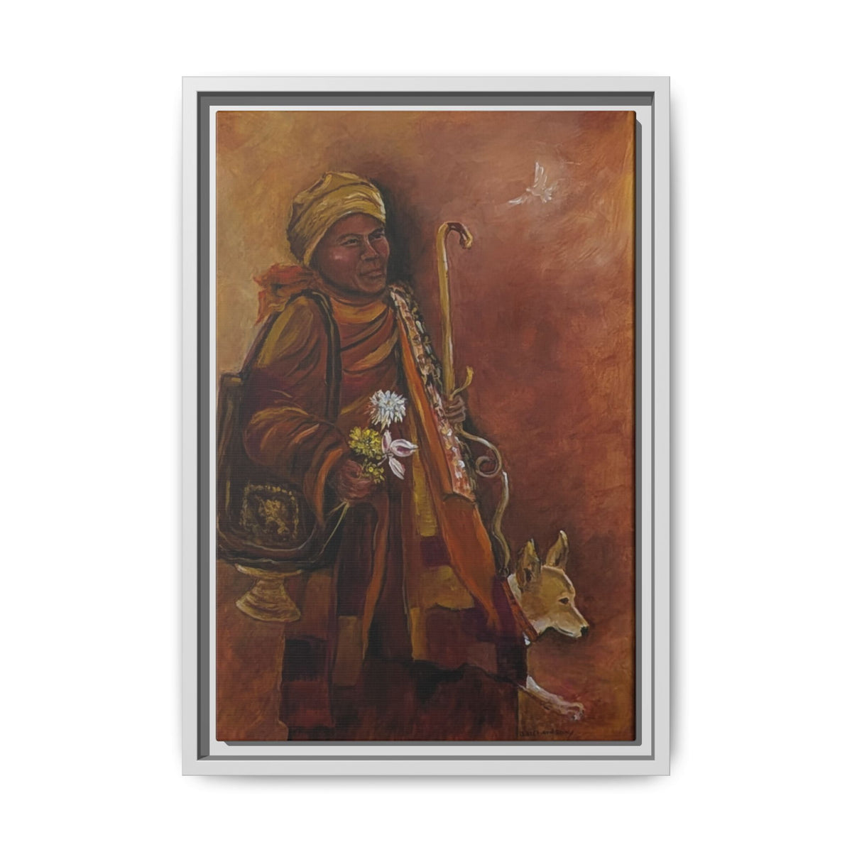 Monk & Dog & Dove Matte Canvas Framed | Earth Tone Wall Art