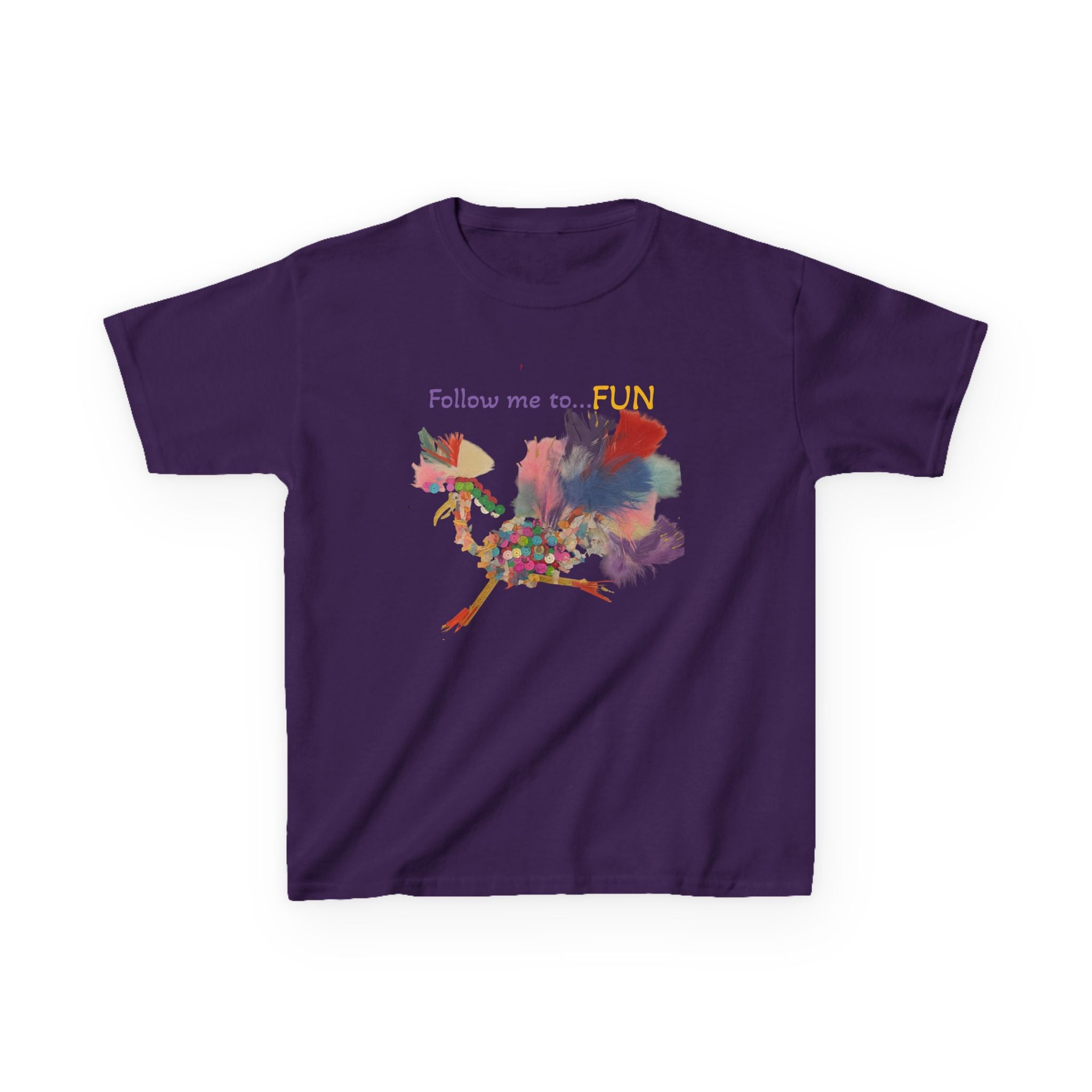 Follow Me to Fun l feathery bird l Kids Tee | colorful whimsical bird design
