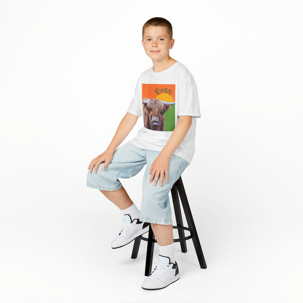 Highland Cow Sunset Kids Tee | Scottish Cattle Animal Graphic