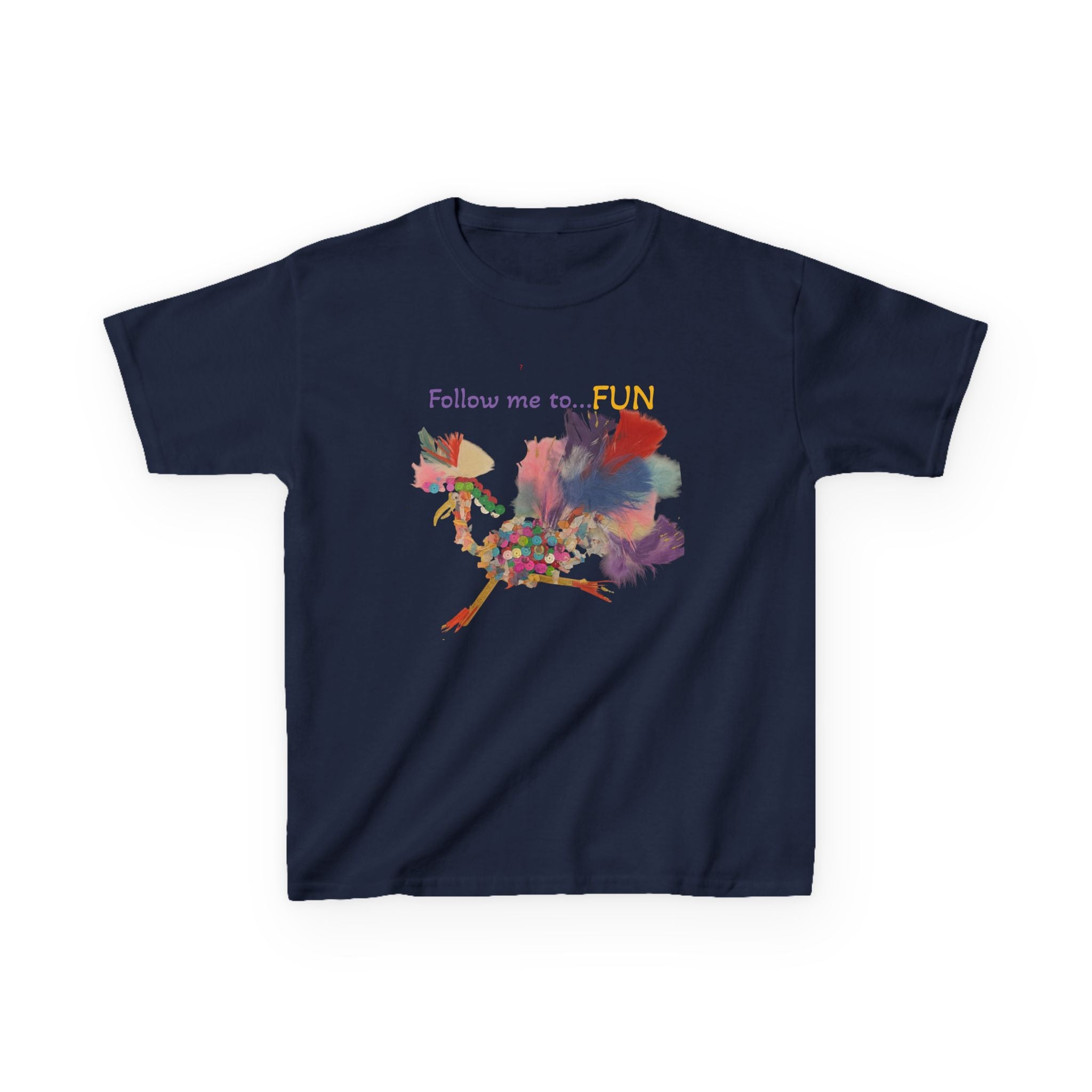 Follow Me to Fun l feathery bird l Kids Tee | colorful whimsical bird design