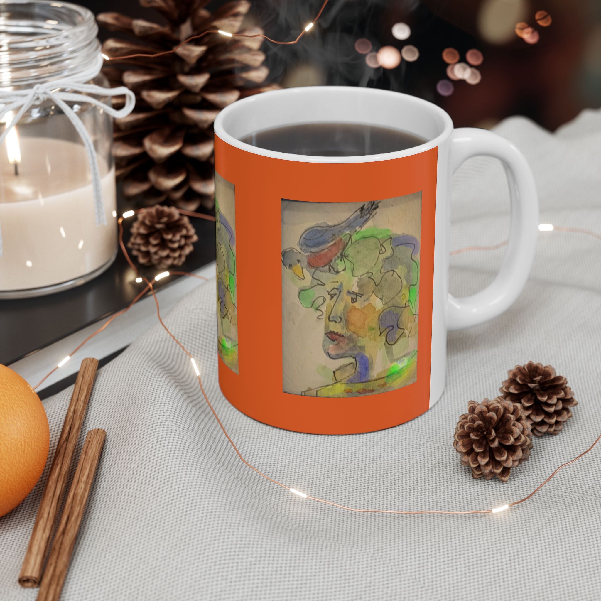 Abstract Watercolor Face Mug | Ceramic Orange Accent