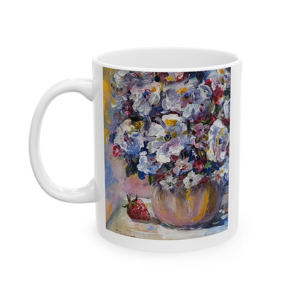 Floral + Strawberry Still Life Ceramic Mug – Impressionist Bouquet Coffee Cup (11oz & 15oz)