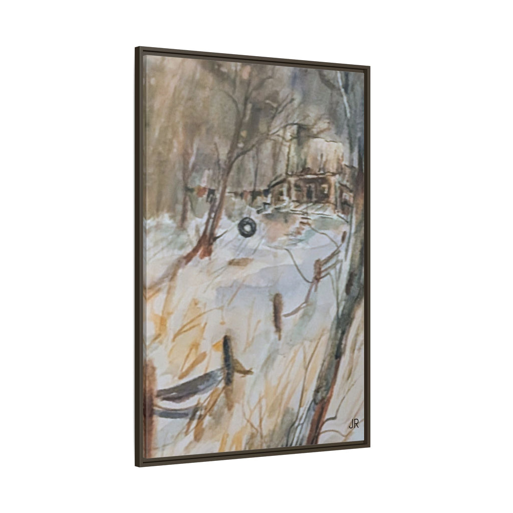 Winter Cabin Landscape Framed Canvas Print