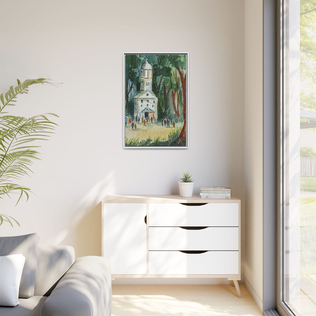 Framed Matte Canvas Print — Watercolor Church in Woodland Scene