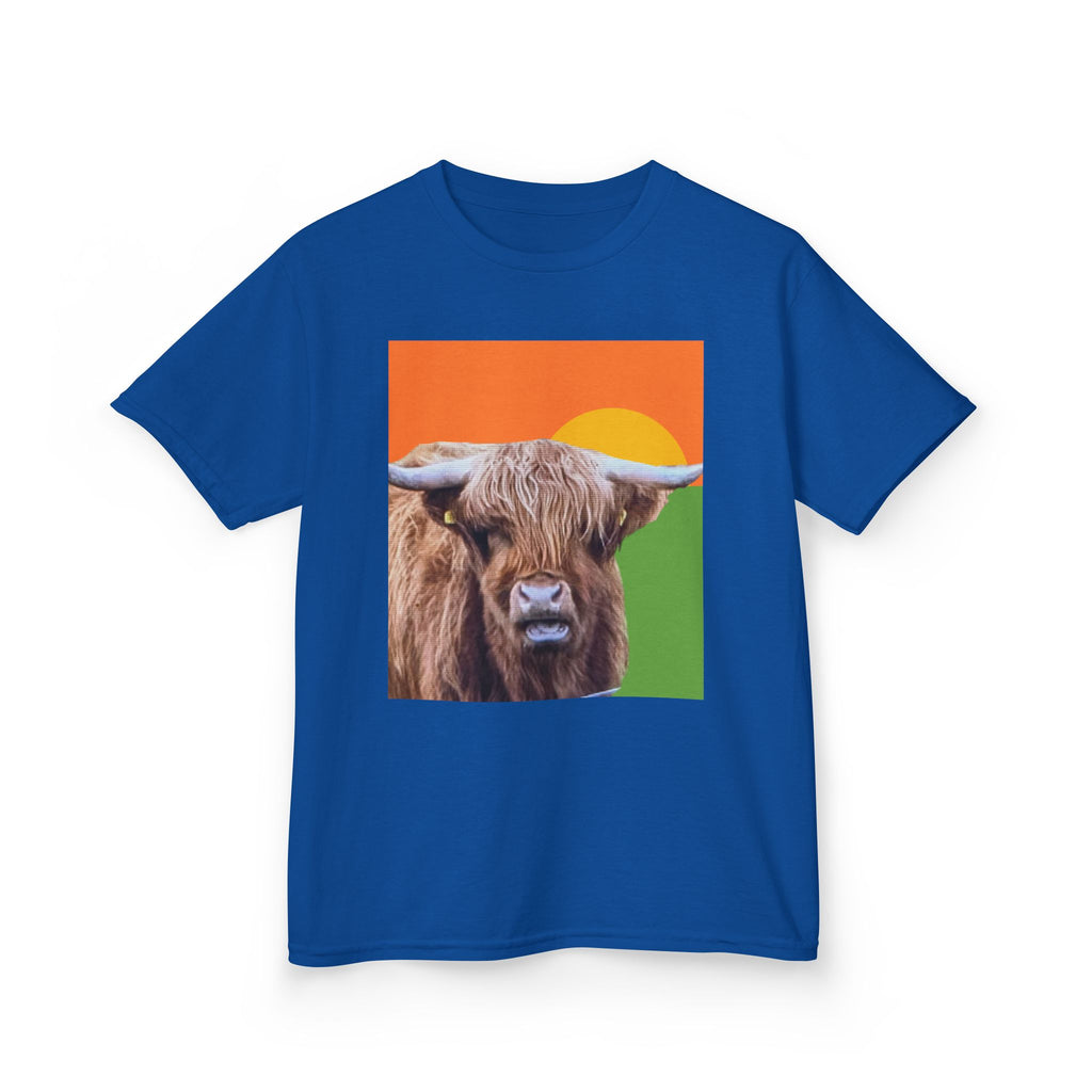 Highland Cow Sunset Kids Tee | Scottish Cattle Animal Graphic