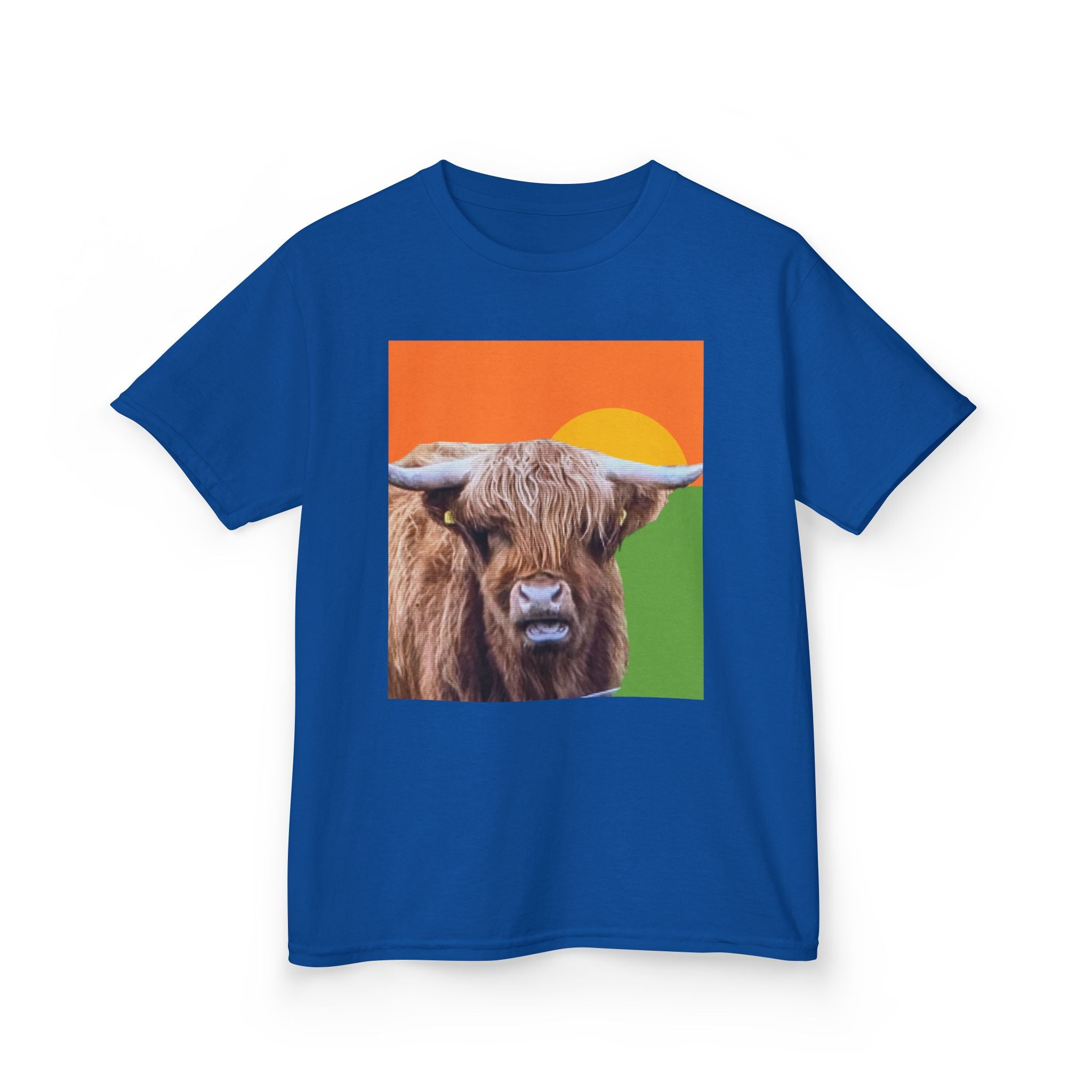 Highland Cow Sunset Kids Tee | Scottish Cattle Animal Graphic