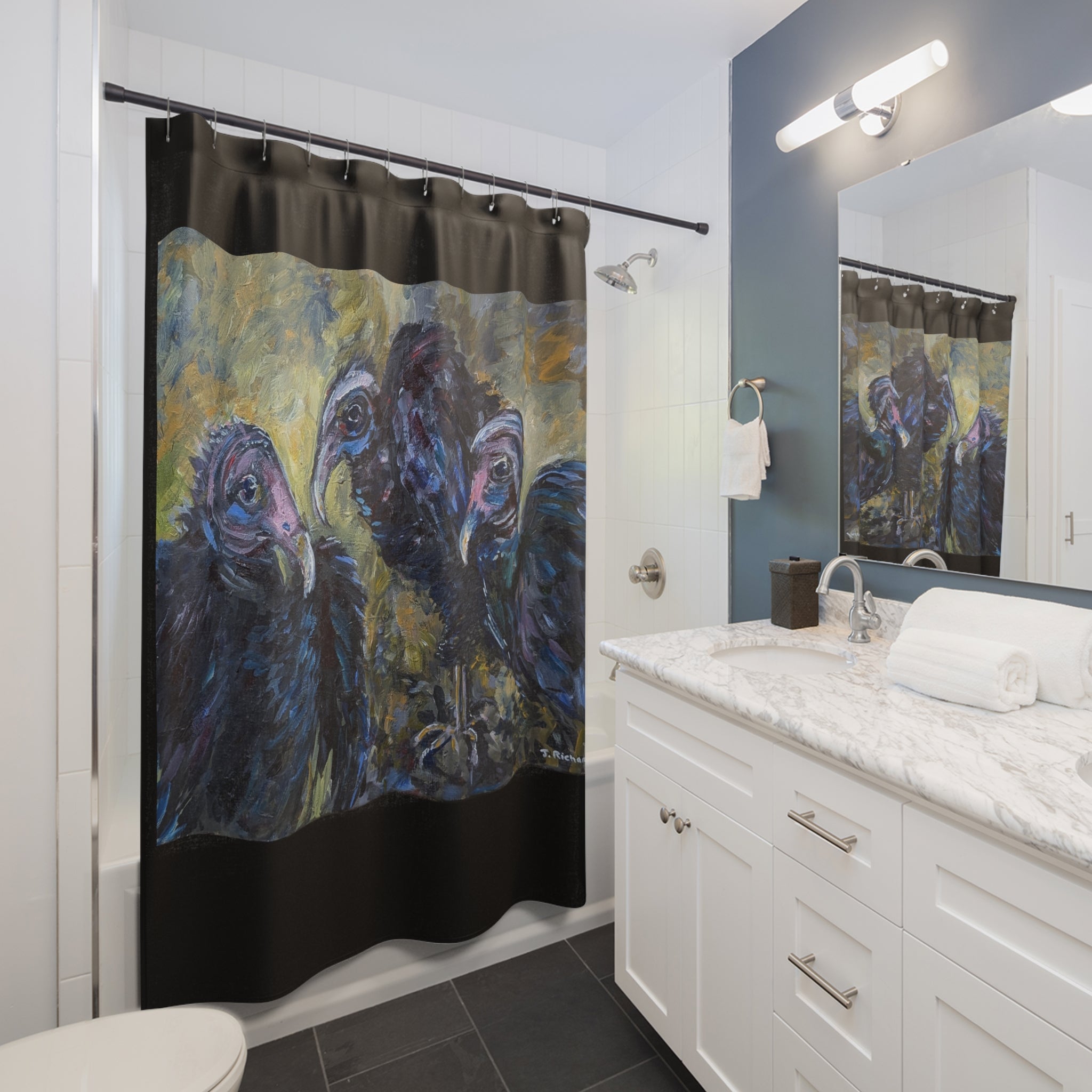 Vulture Trio Shower Curtain | Black Border, Dark Painterly Bird Artwork