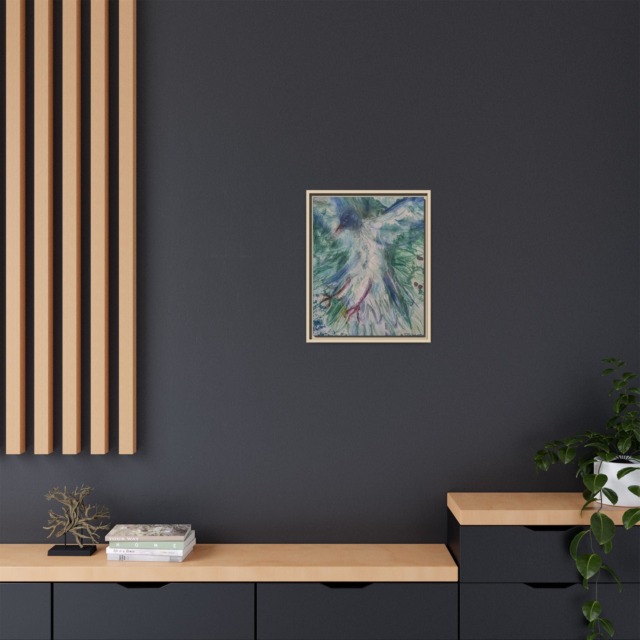 Abstract Blue-Green Bird Painting Matte Canvas