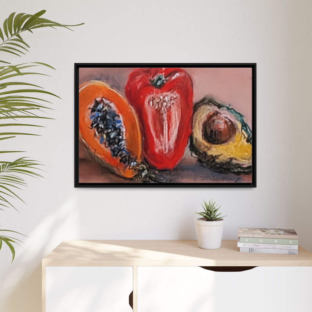 Framed Matte Canvas Art — Vibrant Still Life: Papaya, Red Pepper & Avocado