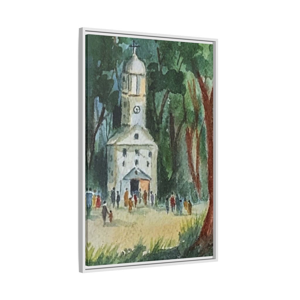 Framed Matte Canvas Print — Watercolor Church in Woodland Scene