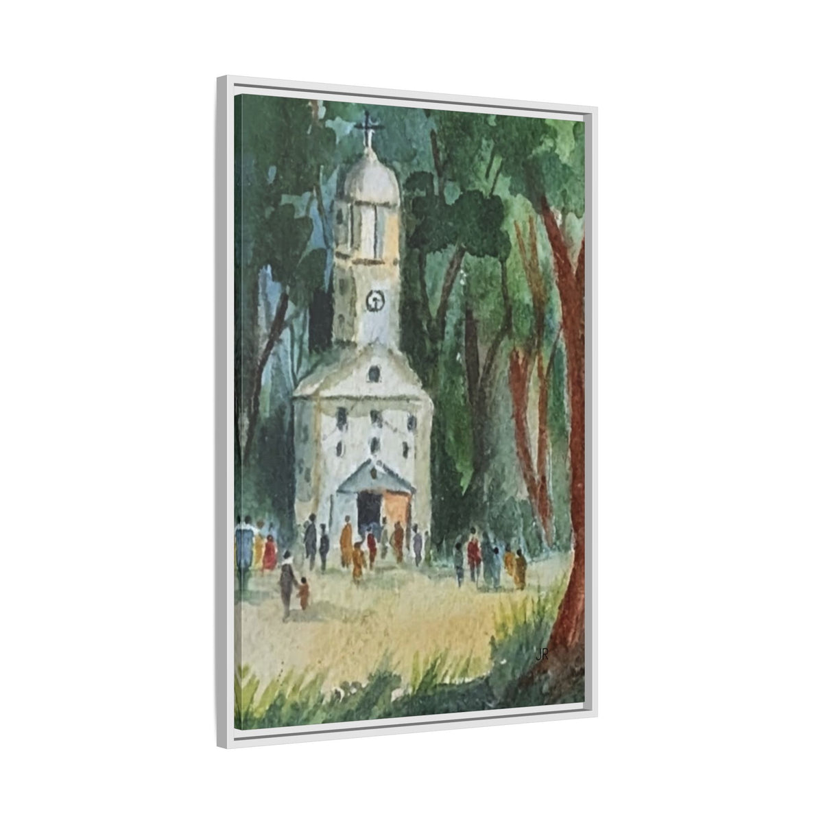 Framed Matte Canvas Print — Watercolor Church in Woodland Scene
