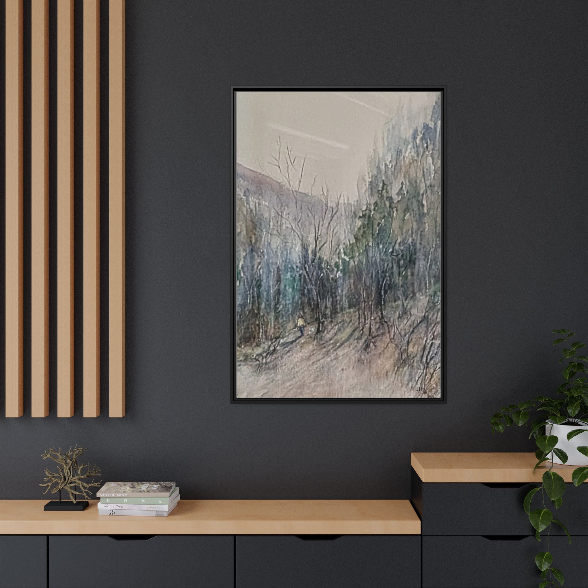 Misty Forest Landscape Matte Canvas Framed | Watercolor Mountain Scene