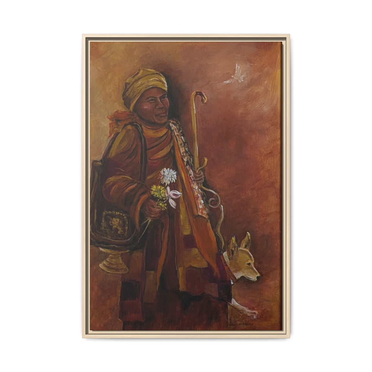 Monk & Dog & Dove Matte Canvas Framed | Earth Tone Wall Art
