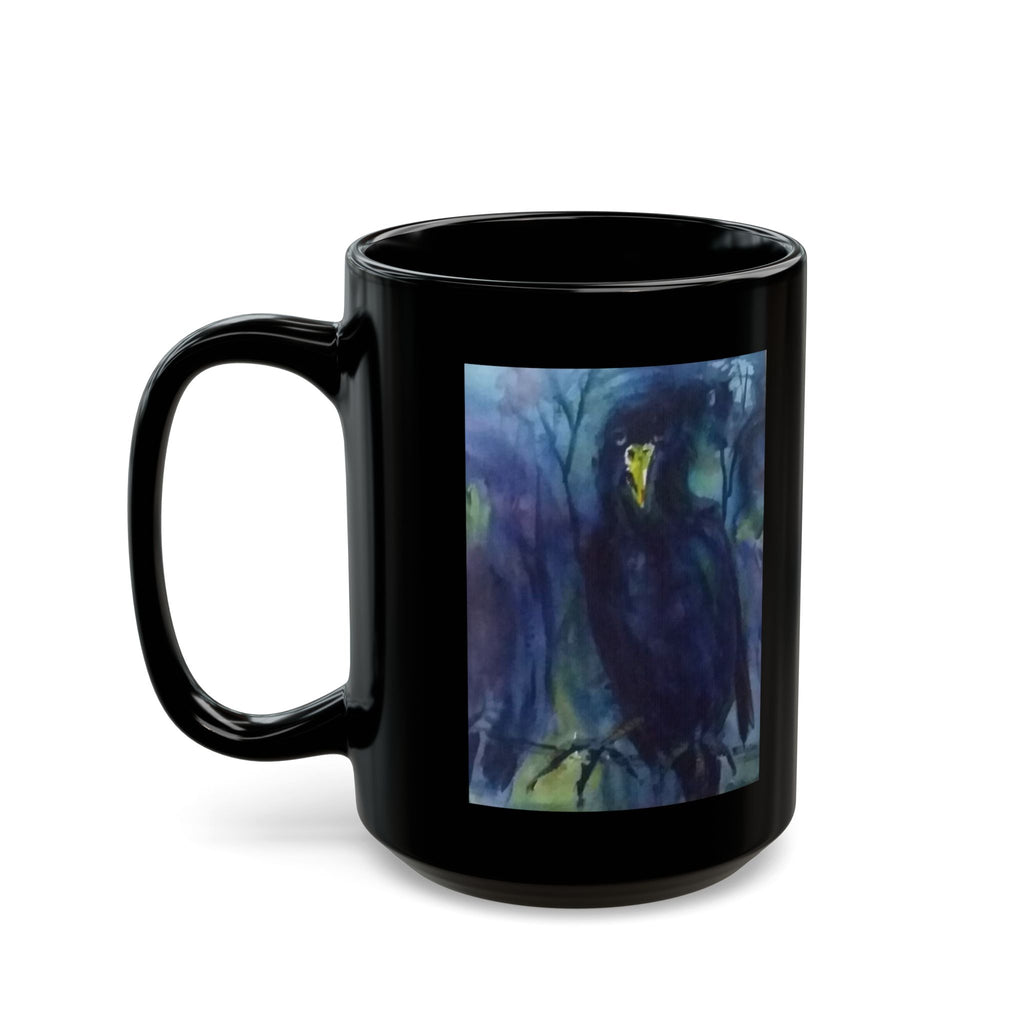 Dark Raven Watercolor Black Mug | Personalizable Gothic Bird Art, Night Forest