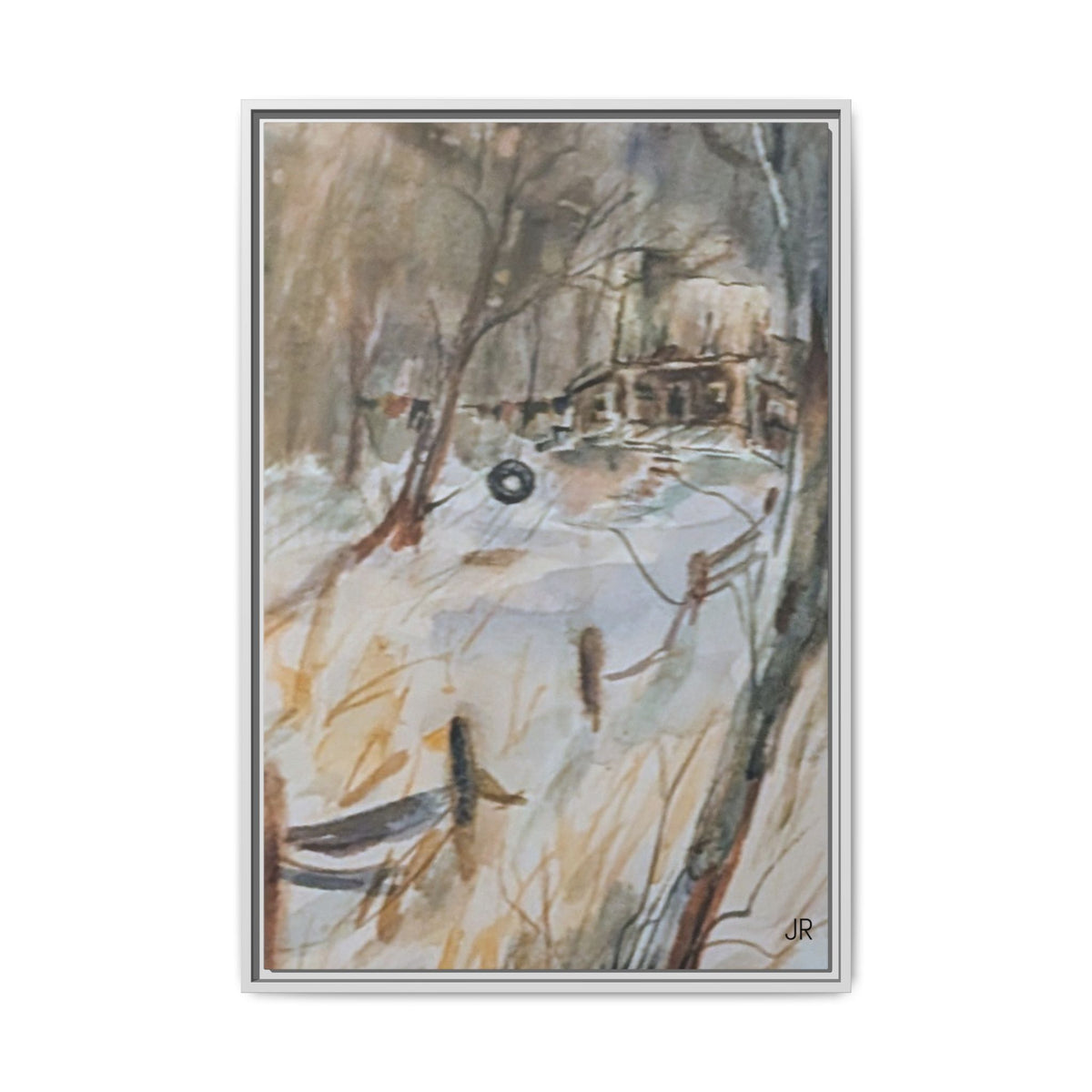 Winter Cabin Landscape Framed Canvas Print