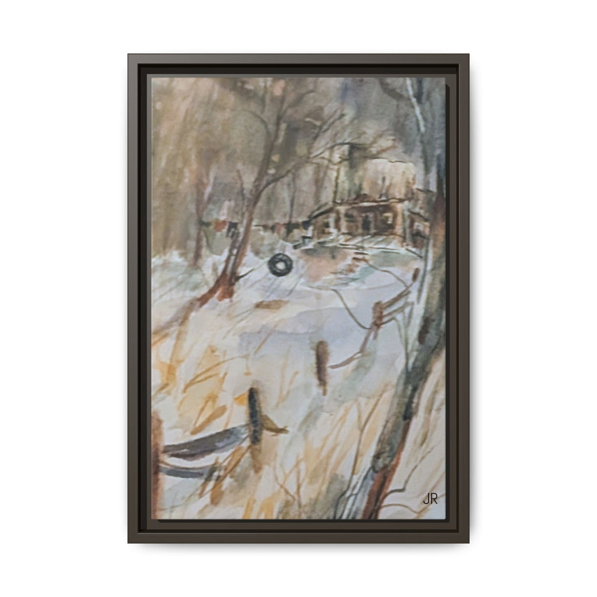Winter Cabin Landscape Framed Canvas Print